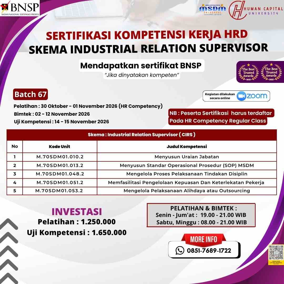 Sertifikasi Hubungan Industrial Supervisor BNSP
